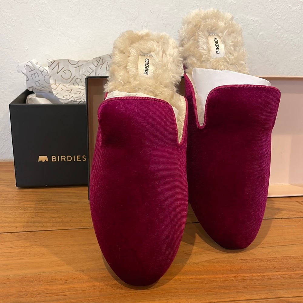 BIRDIES The Phoebe Wild Berry Fur Velvet Slide Shoes size 7 New in original box